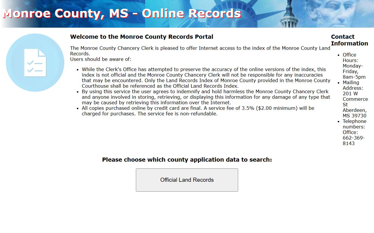 Monroe County Chancery Clerk records online landing page for land records