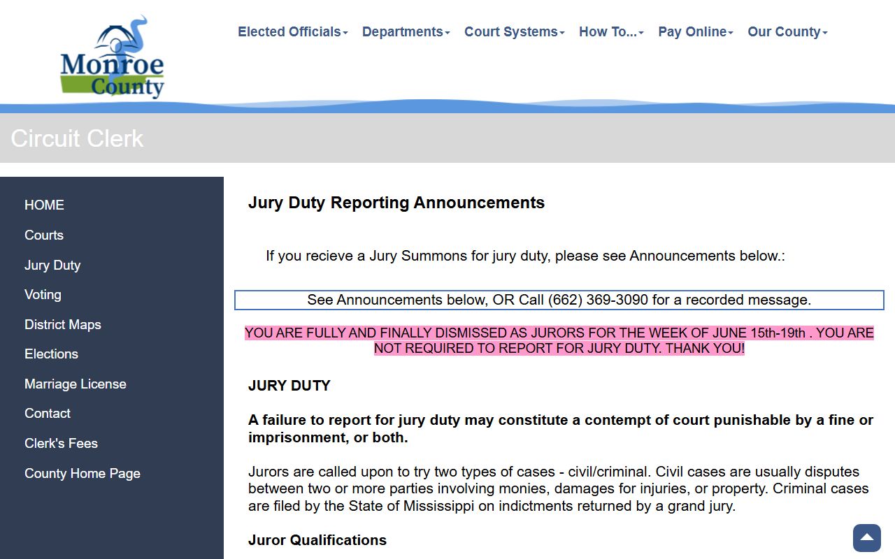 Monroe County Circuit Clerk jury duty information and courthouse rules