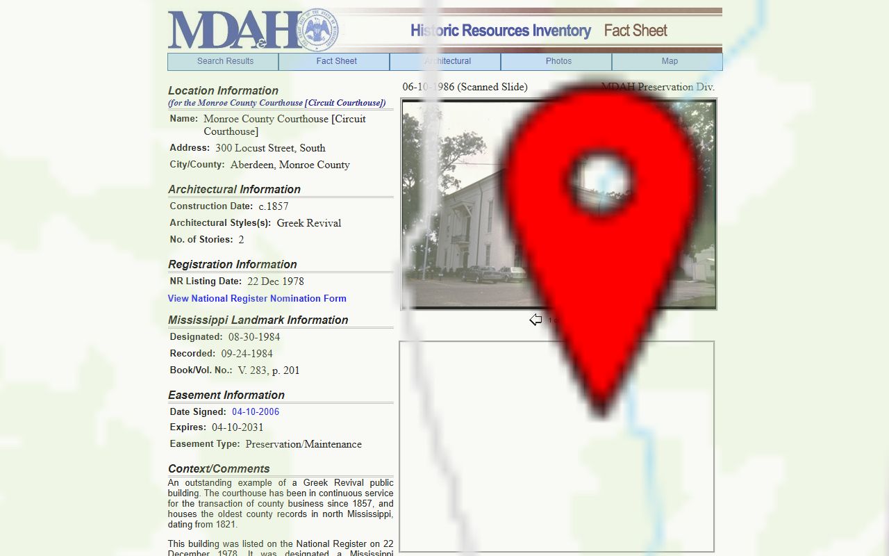 MDAH facts page on the historic Monroe County courthouse and court records