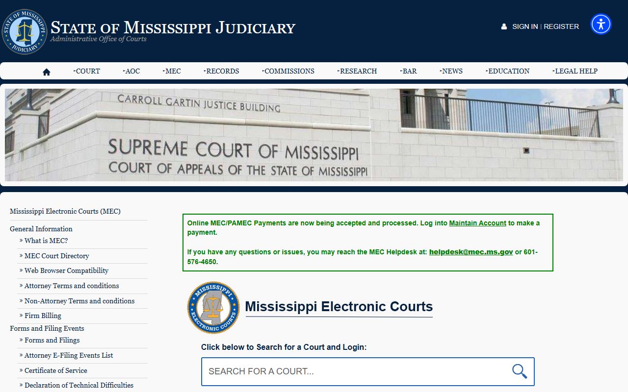 Monroe County court records access through Mississippi Electronic Courts