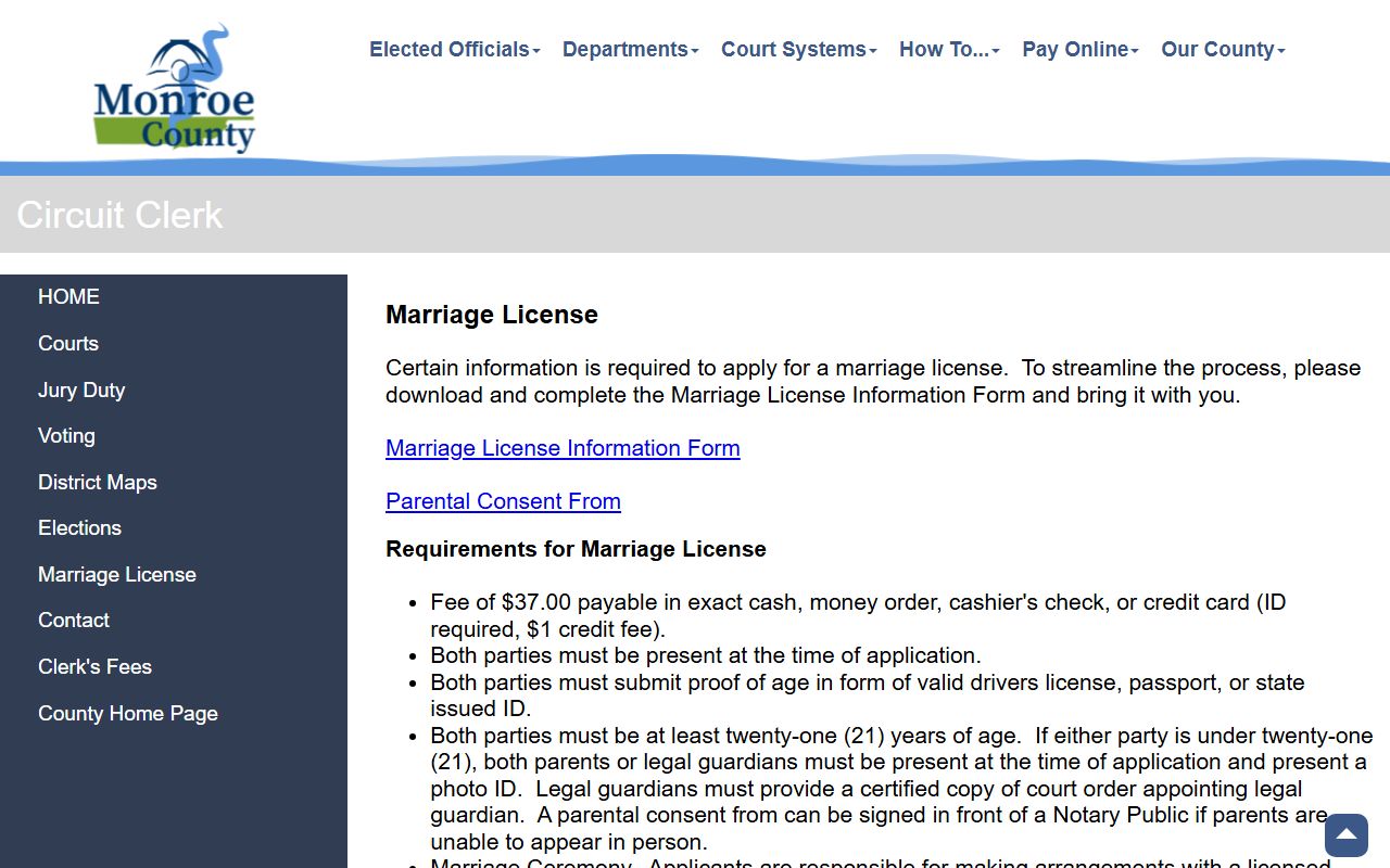 Monroe County marriage records license requirements from the Circuit Clerk