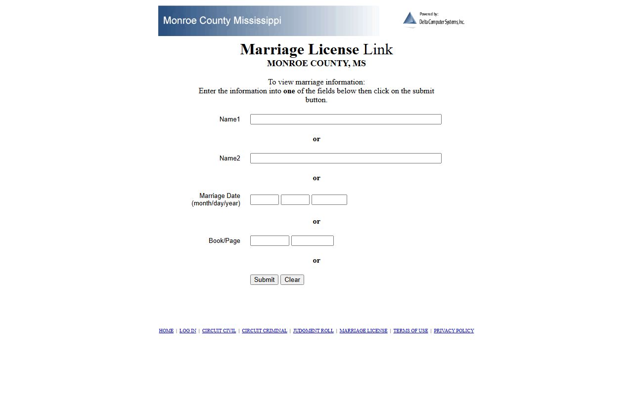 Monroe County marriage records search fields on the Delta Computer Systems site