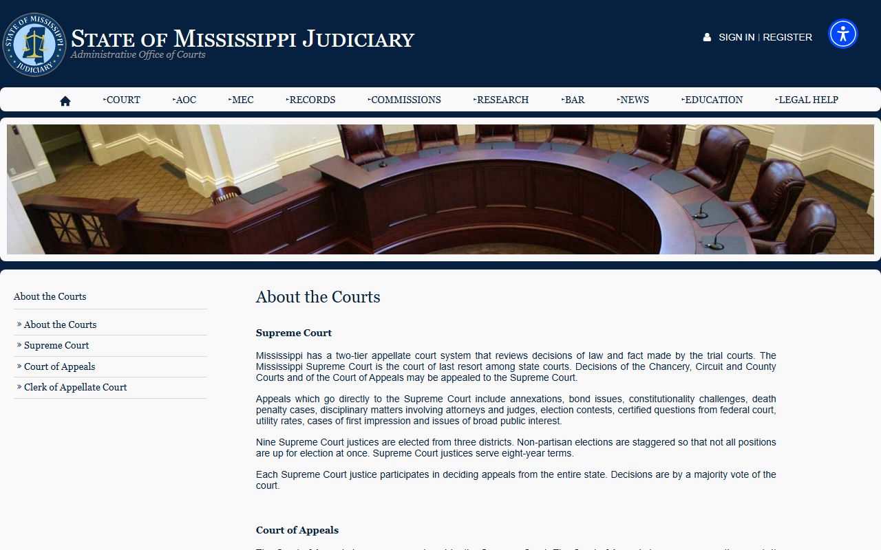 Mississippi court system overview for Monroe County inmate and case records
