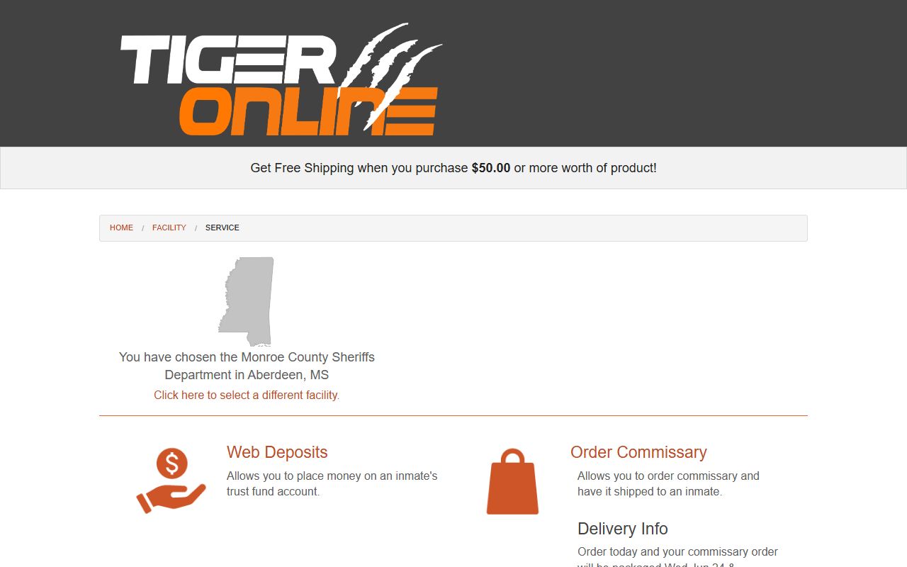 Tiger Commissary deposit and commissary service for Monroe County inmates