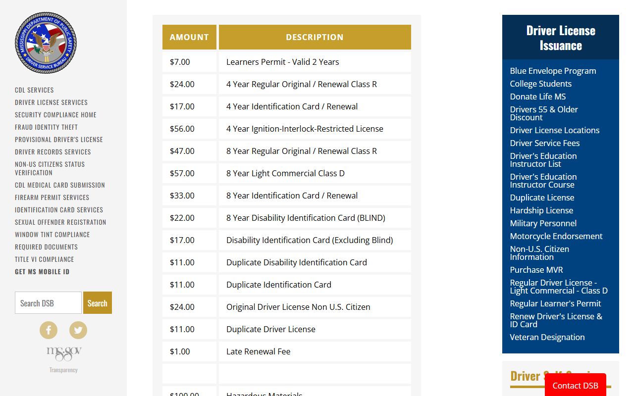 Mississippi Driver Service Bureau fee schedule related to Monroe County traffic records