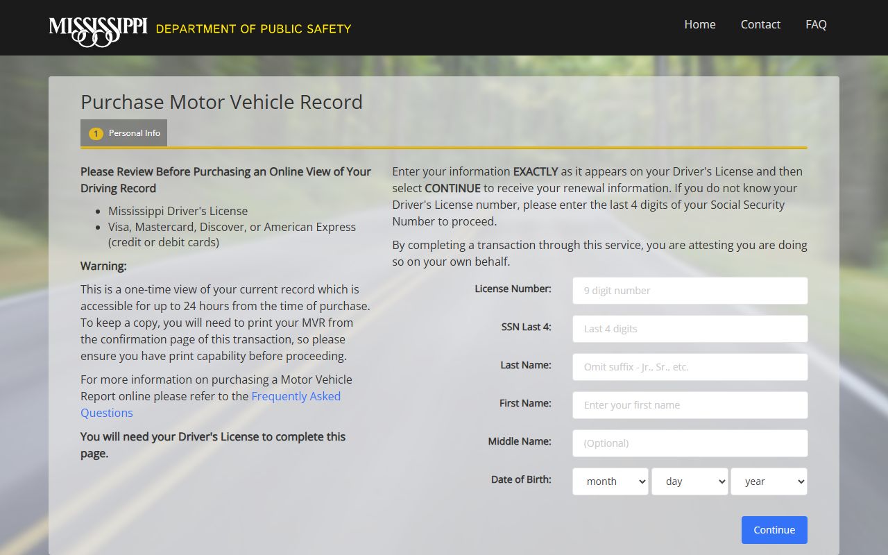 Mississippi DPS motor vehicle record request used alongside Monroe County traffic records